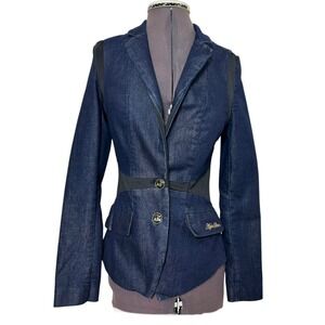 Apple Bottoms Denim & Black Inserts Notch Lapel Button Stretch Blazer Jacket S